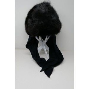 Canadian Hat Mfg Co 1980's Black Muskrat Fur Hat with Wool Scarf Ties